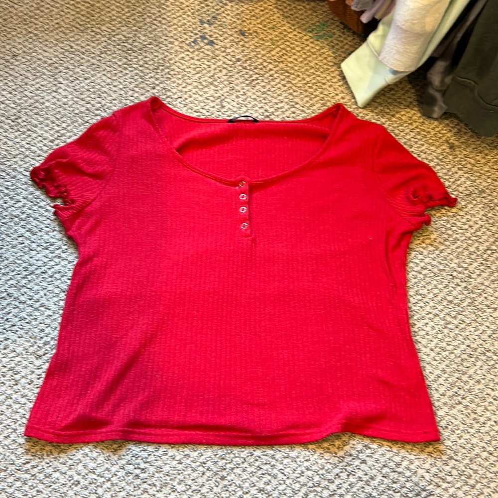 Buttoned Front Rib-Knit Top
